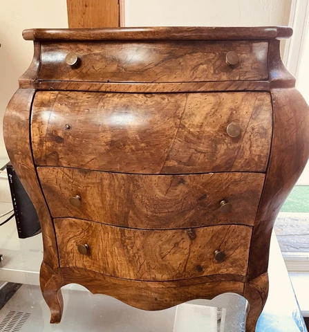 Vtg Miniature Italian Burl Olive Wood French Louis XV Style Bombe Commode Chest Cover