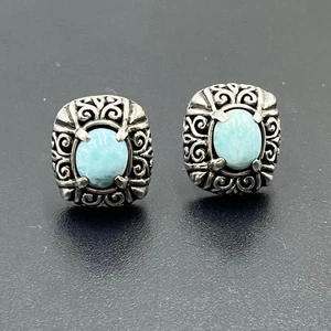 MARAHLAGO Signed Sterling silver Oval Larimar Cabochon Filigree Stud Earrings  - Picture 1 of 10