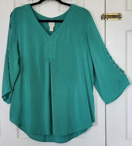 Chico's 2 Womens Green V Neck Lace Up Split 3/4 Sleeve Viscose Blouse Size L - Picture 1 of 5