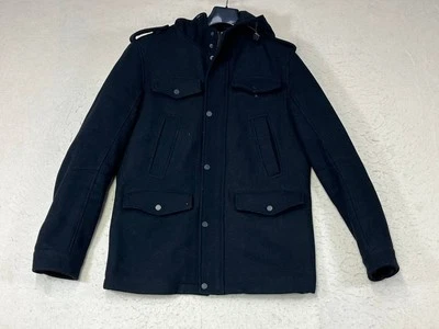Black Rivet Jacket Pockets Wool Blend Black  Hooded Men's Size Medium  - Image 1 of 4