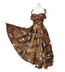 1957 “PETROGLYPH TAPA” ALFRED SHAHEEN HAWAIIAN DRESS TIKI JUNGLE VTG MCM ATOMIC - Picture 1 of 20