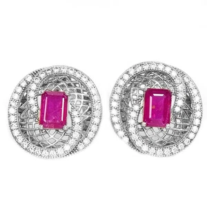 ORECCHINO GOCCIA ARGENTO 925 SANGUE DI PICCIONE NATURALE RUBINO ROSSO E ZIRCONI BIANCHI - Foto 1 di 8