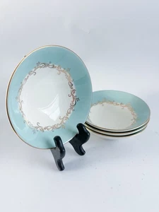 4 Vintage Homer Laughlin Lifetime China Gold Krone Dessertschalen Aqua Blau - Bild 1 von 6