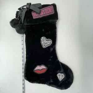 VICTORIA'S SECRET CHRISTMAS STOCKING Logo Bow Sparkle black plush fur POM POM - Picture 1 of 8
