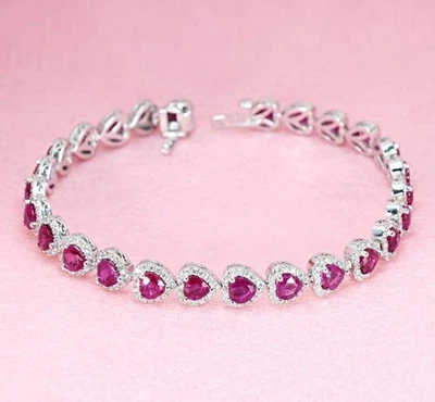 正品红宝石和钻石光环手链纯银心形红宝石手链 — 第 1/4 张图片