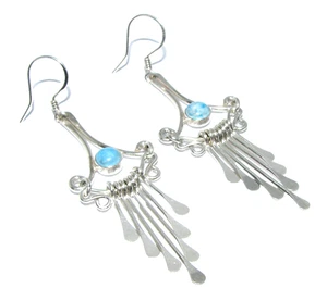 Ladies Womens Silver Long Dangle Earrings & Blue Cabachon Stone - Picture 1 of 5