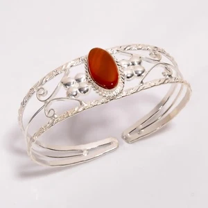 Natural Carnelian 925 Silver Handcrafted Bezel Wedding Daily Wear Cuff Bracelet - Picture 1 of 7