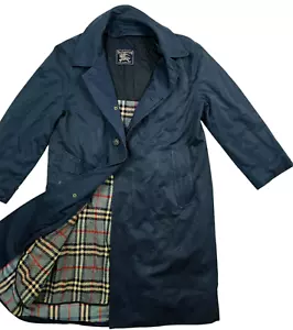 HOT VTG ENGLAND UNISEX BURBERRYS @ NOVA CHECK WOOL LINED LONG TRENCH NAVY Coat S - Picture 1 of 19