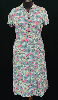 Vestido estampado novedad años 40 vintage, plumas rayón frío rosa verde azulado amarillo floral Foto 1 de 4