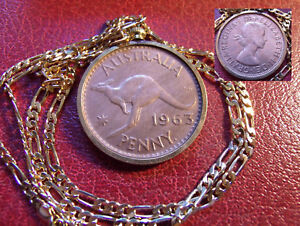 1963 Mint AUSTRALIA Elizabeth Penny Pendant, 18KGF 60cm 24" 3.5MM Filled Chain. 