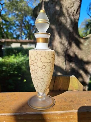 ANTIQUE FRENCH OPALINE White Gold Frost 8" Perfume Dresser Bottle Unused RARE - Image 1 of 4
