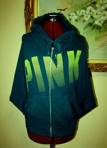VICTORIA'S SECRET PINK SZ M TEAL/NEON GREEN FULL ZIP COTTON BLEND HOODIE/POCKET - Picture 1 of 8