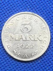1922 GERMAN 3 MARK - AU/UNC - Great Aluminum Coin! #154 $$NO RESERVE$$ - Picture 1 of 2