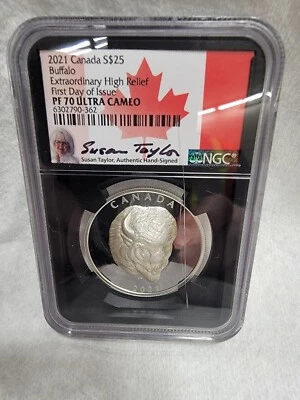 2021 Canada Silver $25 Buffalo Extraordinary High Relief NGC PF70 UC Signed FDO - Image 1 of 4