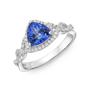 1.89 Ct Trillion Cut Real Sapphire & Diamond Engagement Ring 14K Real White Gold - Picture 1 of 11