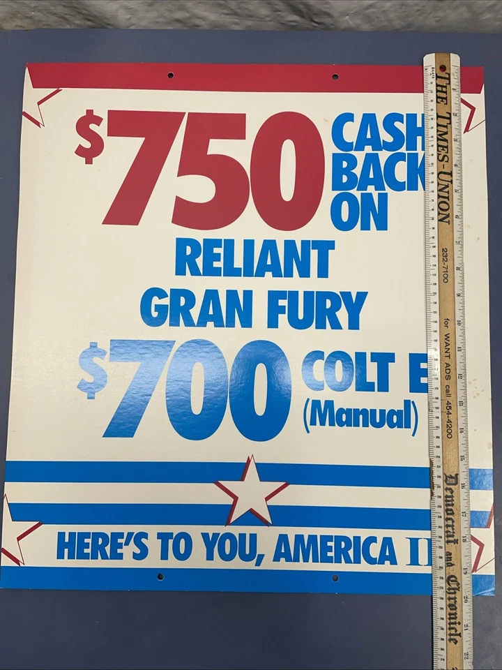 Rare vintage 1988 Plymouth Dealer Sign Reliant Gran Fury Colt E Heavy Cardboard - Image 1 of 4