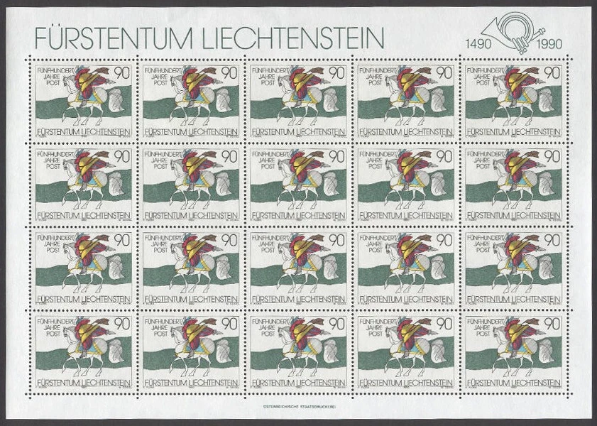 Liechtenstein Z35 MNH Hoja 1990 Servicio Postal 500 años Caballos CV 34 eur Foto 1 de 1