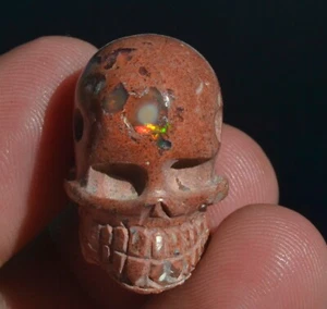 46ct MEXICAN NATURAL MATRIX FIRE OPAL SKULL STONE CARVING BEAD PENDANT FIGURINE - Picture 1 of 8