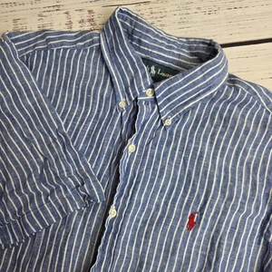 Ralph Lauren Mens Large Classic Fit Button Down Shirt Linen Blue White Stripe - Picture 1 of 9