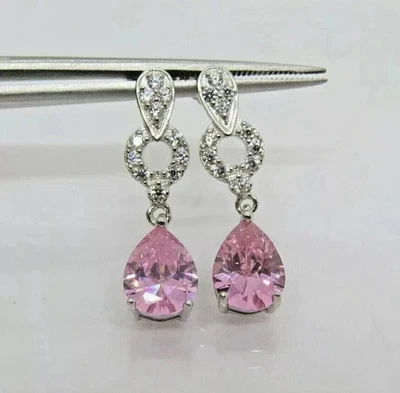Lab Created Pink Sapphire 3.00Ct Pear Cut Dangle Earrings 14K White Gold Plated - Image 1 of 4