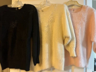 Lot of 3 Vintage Angora Women's Sweaters -Cream, Pink and Black - Image 1 of 4