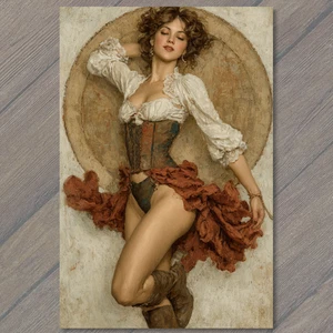 Art Print Burlesque Dancer Red Skirt Corset Boots Vintage Western Cabaret Style - Picture 1 of 1