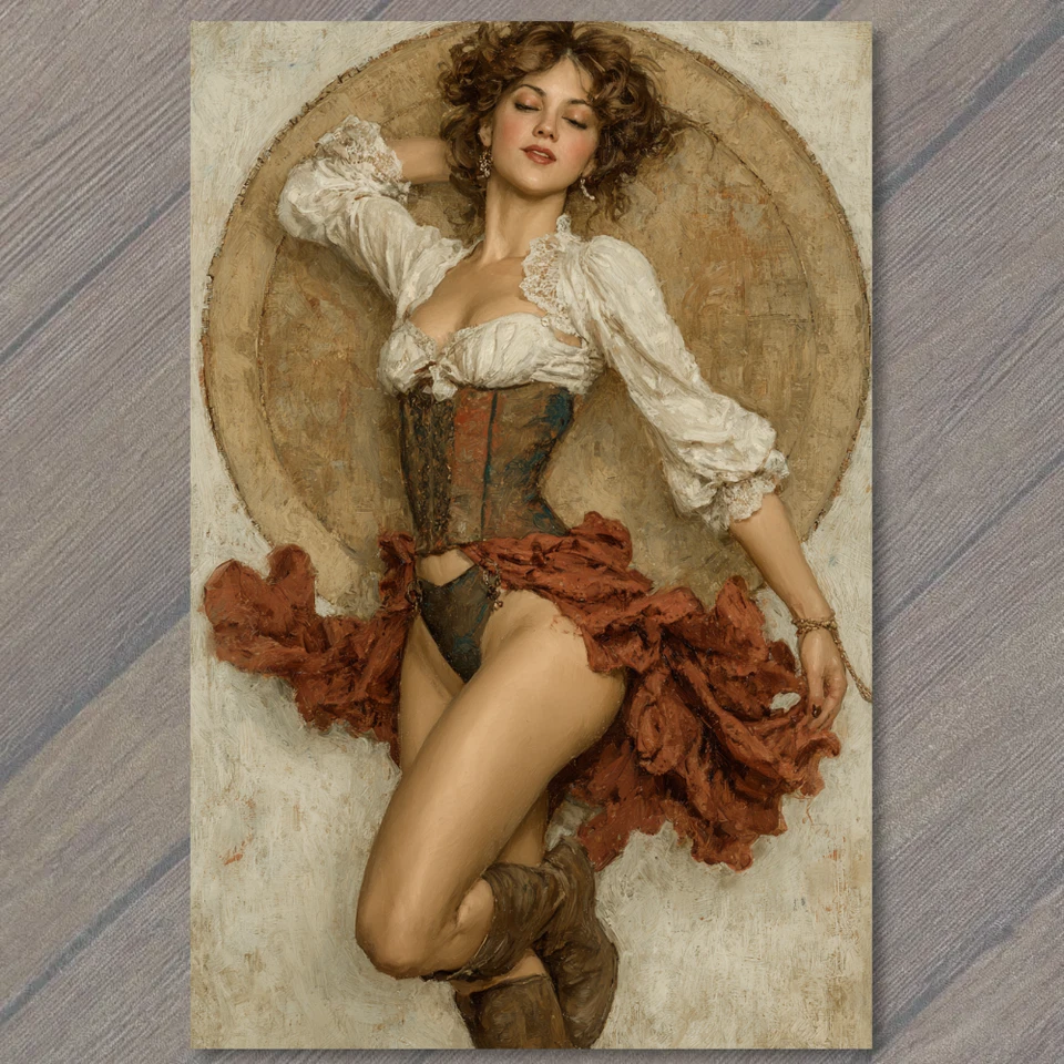 POSTAL Bailarina Burlesca Falda Roja Corsé Botas De Colección Estilo Cabaret Occidental Foto 1 de 1
