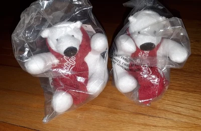 2 Coca-Cola COKE Mini 4-Inch Stuffed Plush Polar Bears w/ Scarf - NEW, Sealed - Image 1 of 4