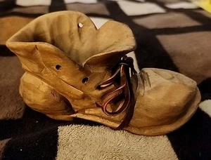 American Folk Art Carved Wood Shoe Leather Laces Signed Ron Fisher 76 5"x2"  K - Picture 1 of 7