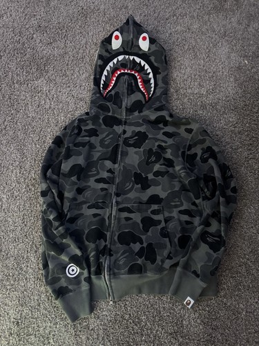 A BATHING APE (BAPE) Felpa con cappuccio e zip intera Bape grigia mimetica squalo taglia large