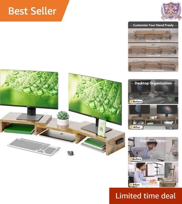 Dual Monitor Stand Wooden Adjustable Height & Angle Desk Organizer with Storage