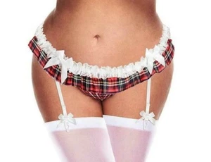 Schoolgirl Garter Skirt Crotchless Pantie Red Plaid Queen Lingerie 1x/2x Plus - Picture 1 of 4