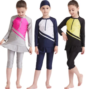 Muslim Girls Kids Swimwear Full Cover Swimsuit Islamic Beachwear Burkini Arab - Picture 1 of 36