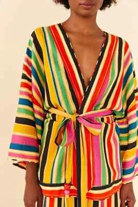 FARM RIO Rainbow Stripes Kimono Jacket Linen Blend sz.M **NO BELT** - Picture 1 of 10