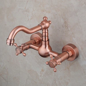 Antique Copper Bathtub Faucet Wall Mounted Dual Handles&Holes Brass Mixer Taps - Picture 1 of 48