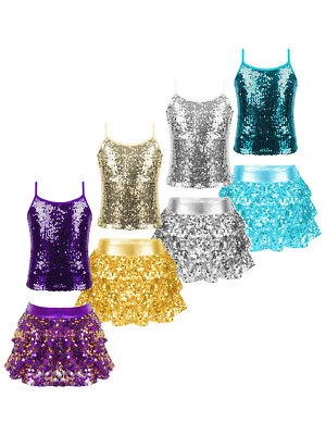 Kids Girls Dancewear Sparkle Jazz Dance Outfits 2 Piece Top With Skirts Shiny - Image 1 of 4
