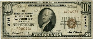 1929 - $10 TYPE 1 NATIONAL FARMERS MECHANICS NATIONAL BANK - WOODBURY, NJ -LOW # - Picture 1 of 11