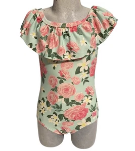 Girls RuffleButts Swimsuit Size4T Cabbage Roses Floral Print Ruffle Top Pastels - Picture 1 of 6