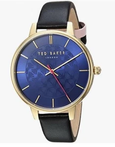 New Ted Baker Ladies Women’s Kate Watch Gold Tone Blue Face Black Leather Strap - Picture 1 of 7