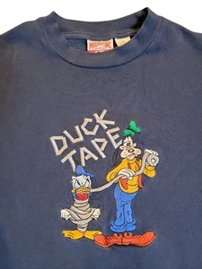 XL - VTG 90s Disney Parks Duck Tape Long Sleeve Shirt Mickey Inc Navy Small Hole - Picture 1 of 12