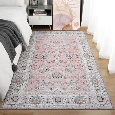 Machine Washable Rug 4x6 Boho Area Rug, Pink Rugs for Bedroom ,Floral Carpet