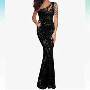 NWT UVM Collection Black Sequin One Shoulder Beaded Prom Evening Gown (XL) #0242 - Picture 1 of 17