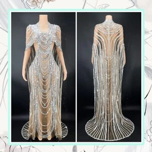 🌸 DIAMOND DRESS RHINESTONE LONG MAXI TALL SHEER SILVER WEDDING BRIDE QUEEN - Picture 1 of 7