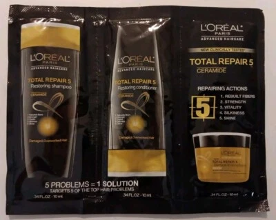 Travel Pack Loreal Total Repair 5 Restoring Shampoo Conditioner .34 FL Oz Sample - Image 1 of 4