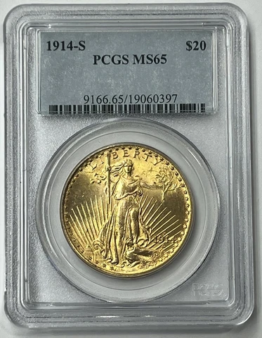 1914-S $20 Saint Gaudens Pre-33 Gold Double Eagle PCGS MS65 Blazing Yellow Gold Cover