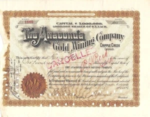 ANACONDA GOLD MINING CRIPPLE CREEK COLORADO 1892 CERTIFICADO DE STOCK HENRY STERNS - Imagen 1 de 2