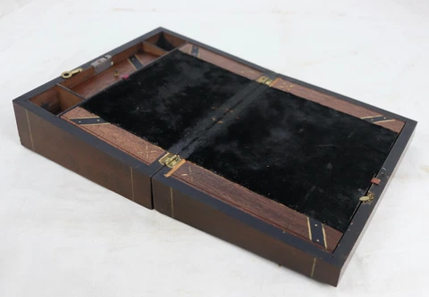 Antique Wooden Black Velvet Traveling Portable Writing Lap Desk Locking Cover