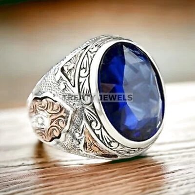 Piedra preciosa de zafiro azul de corte ovalado con anillo de plata de ley 925 para hombre #336 * Foto 1 de 4