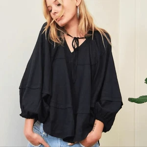 We The Free Moonbath Top Black Tie Front Oversized Peasant Blouse Large - Picture 1 of 8