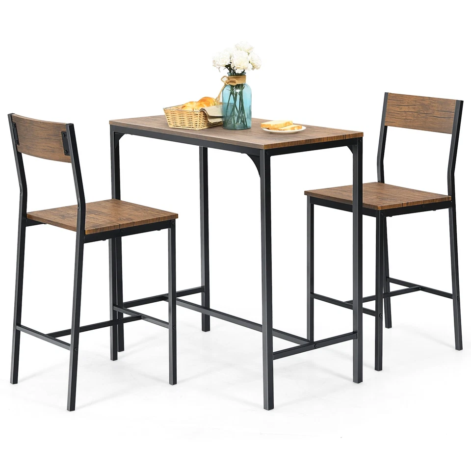 Costway Industrial Counter Height Dining Table Set 3PCS Bar Table Set w/2 Stools